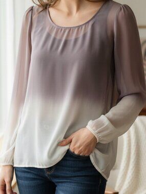 Sheer Mesh Ombre Blouse Womens Medium Mauve Cream Long Sleeve Lightweight Flowy
